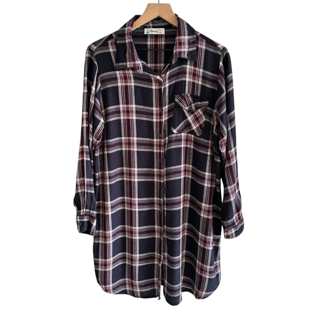 Lapogee Plaid Shirt Dress XL Long Sleeve Button Front Casual Boho- No Belt